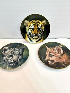 VTG Set of 3 Cubs of Big Cats Princeton Gallery Collector’s Plates Tiger Cougar